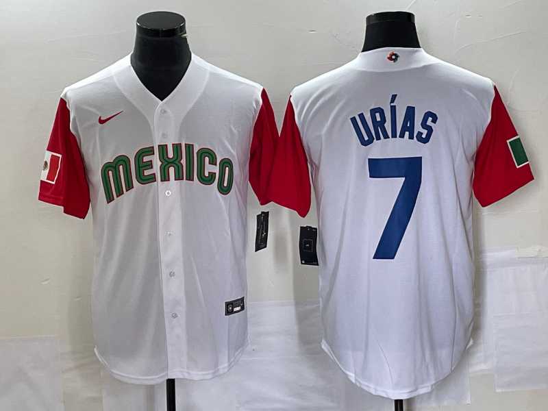 Men%27s Mexico Baseball #7 Julio Urias Number 2023 White Red World Classic Stitched Jersey6->2023 world baseball classic->MLB Jersey